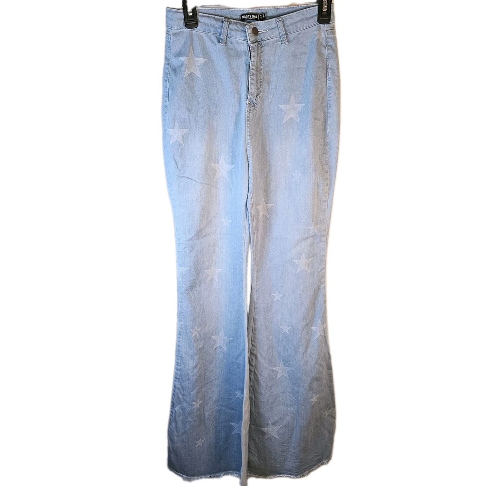 Nasty Girl Jeans Womens Patriotic Bohemian Star Print Light Wash Wide Leg Size 6